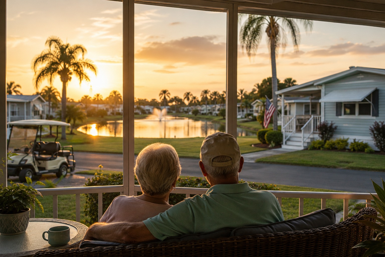 Couple sitting on a Florida porch at sunset overlooking a park home community
