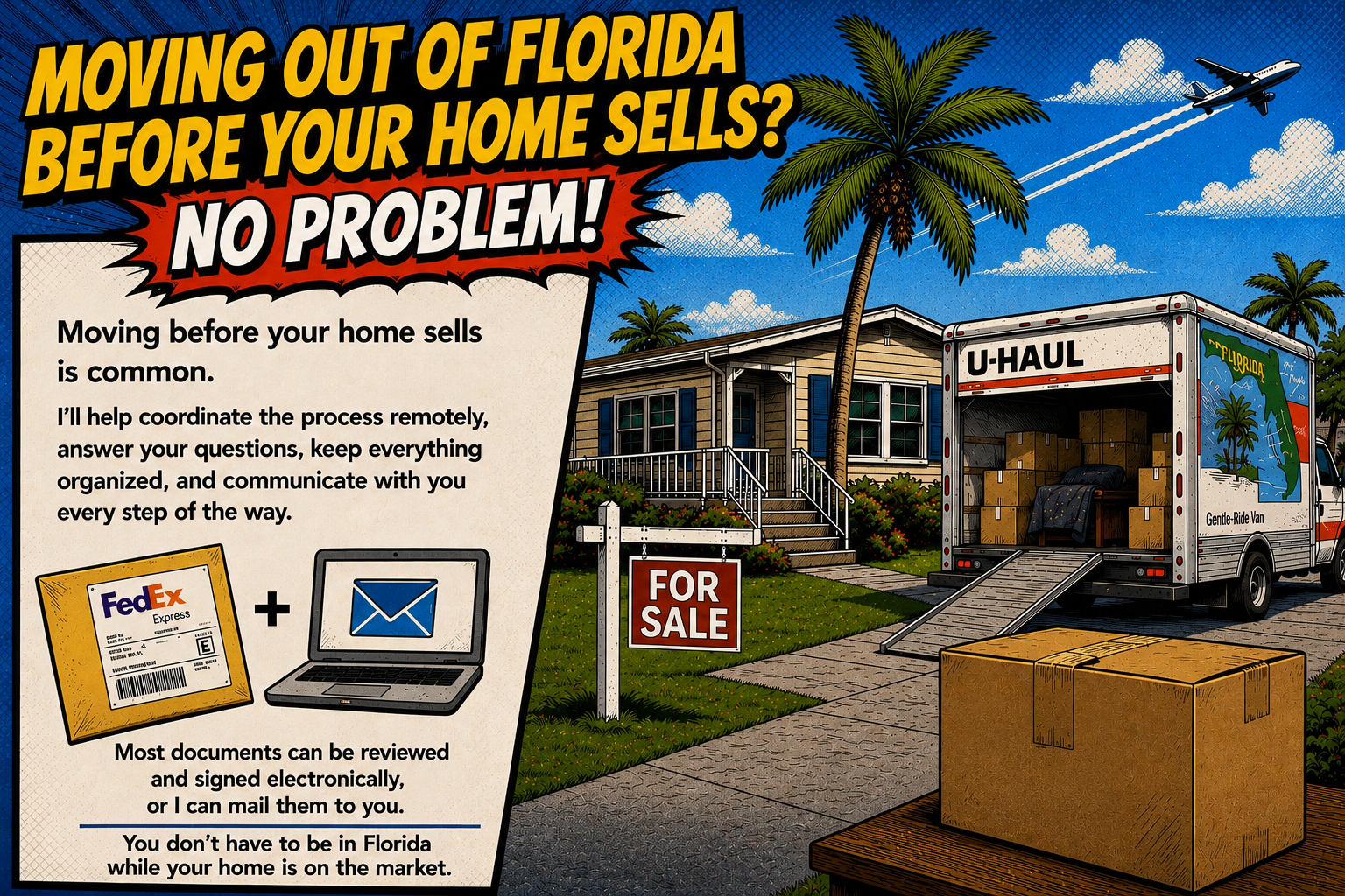 Moving out of Florida before your home sells? No problem. Moving before your home sells is common — Shane helps coordinate the process remotely, answer your questions, and keep everything organized. Most documents can be reviewed and signed electronically, or mailed. You don't have to be in Florida while your home is on the market.