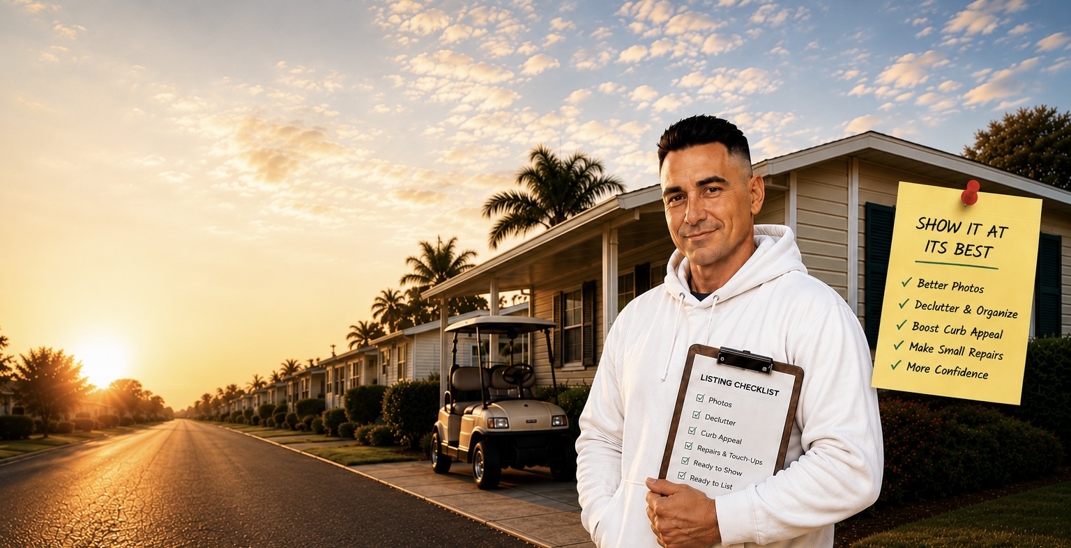 Florida manufactured home community at sunset with golf cart and home preparation checklist