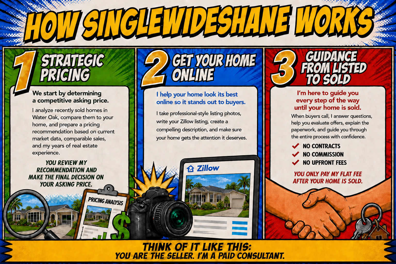 How SingleWideShane Works — Three Easy Steps: 1. Strategic Pricing, 2. Get Your Home Online, 3. Guidance From Listed to Sold. Shane guides you every step of the way until your home is sold — no contracts, no commission, no upfront fees. You only pay the flat fee after your home is sold.